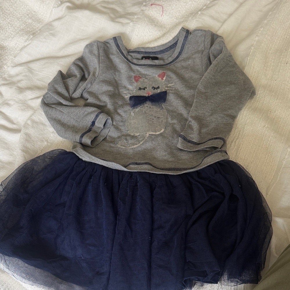 4T Gray and Navy Cat Dress with Tulle Skirt